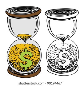An image of a dollar sign hour glass with gold sand.