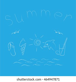 the image of a Dolphin, the sun, the drink, flip flops, sea wave, summer inscription on a blue background. vector illustration of cartoon