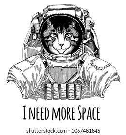 Image of domestic cat Astronaut. Space suit. Hand drawn image of lion for tattoo, t-shirt, emblem, badge, logo patch kindergarten poster children clothing