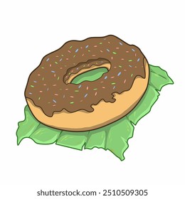 image of a donut with chocolate and banana leaves underneath, vector type for stickers, logos and t-shirt screen printing