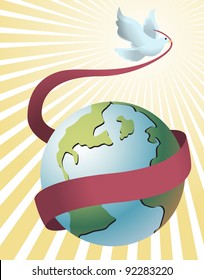 Image of a dove as symbol of peace flying around the earth with ribbon and a space to write message in