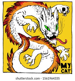 Image of a dragon cat with a fiery mane and tail. Calligraphy. Color vector illustration. Can be used in social networks, for articles, publications, postcards, prints, posters.
