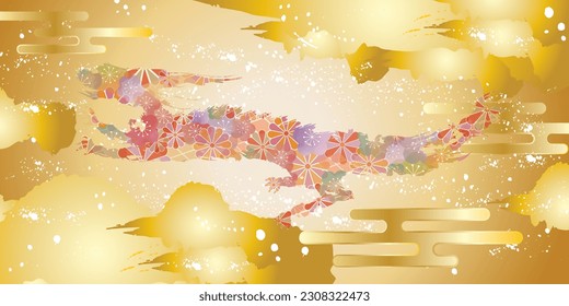 Ein Bild eines Drachen und Wolken mit einer japanischen Blume, die so aussieht, als wäre es mit einem Pinsel auf goldenem Hintergrund gezeichnet