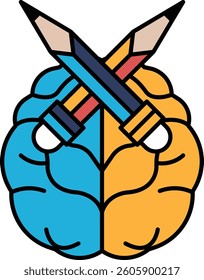 The image is a drawing of a brain with two pencils crossing over it. The pencils are blue and yellow, and they are positioned in a way that they are crossing over each other