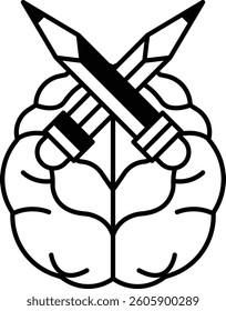 The image is a drawing of a brain with two pencils crossing over it