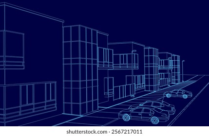 The image is drawing of a city street with cars parked on the side. The buildings in the background are tall and blue, giving the impression of a modern urban landscape