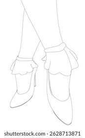 A imagem é um desenho de um par de sapatos brancos com um design de renda. Os sapatos estão contornados em preto, e o restante da imagem está em branco. Os sapatos são retratados como estando em um fundo branco