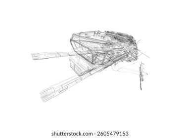 The image of drawings of a spaceship. The drawings are in black and white. Scene is futuristic and adventurous