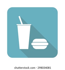 Image of drink and burger in blue square, isolated on white