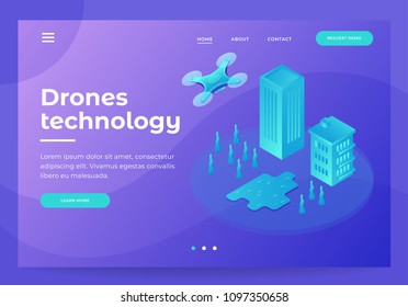 Image of drone flying over city on blue background. Modern technologies of delivery, entertainment. Homepage. Header for website and mobile website. 3d isometric flat design. Vector illustration.