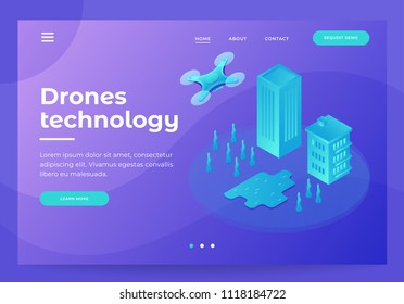 Image of drone flying over city on blue background. Modern technologies of delivery, entertainment. Homepage. Header for website and mobile website. 3d isometric flat design. Vector illustration.
