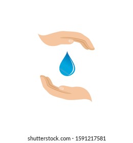 Image of a drop of water in the palms. Vector graphics.