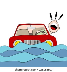 Imagen de un conductor atrapado en su auto durante una inundación.