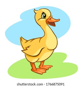 Image of duck in cartoon style on a colored background. Cute and funny character in yellow. Happy and joyful duckling. Vector.