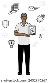 Image of DX, African senior man using digital technology to improve his business, Vector Illustration