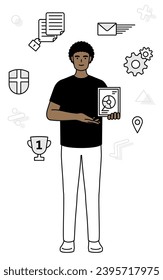 Bild von DX, afroamerikanischer Mann mit digitaler Technologie, um sein Geschäft zu verbessern, Vektorgrafik