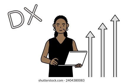 Image of DX, African-American senior woman who has successfully improved her business, Vector Illustration