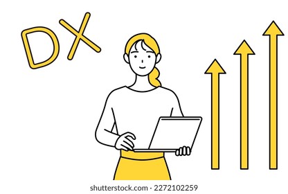 Imagen de DX, una joven vestida de forma casual que ha mejorado con éxito su negocio, Vector Illustration