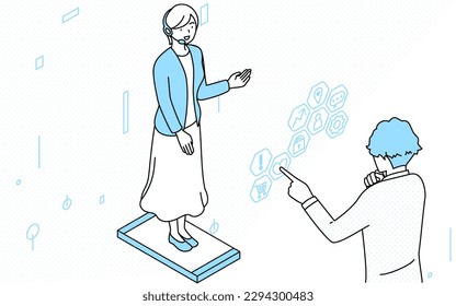 Image of DX, a customer service woman appearing on screen in AR and a man selecting services on a touch panel, Vector Illustration