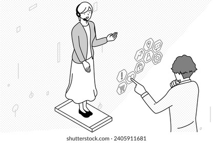 Image of DX, a customer service woman appearing on screen in AR and a man selecting services on a touch panel, Vector Illustration