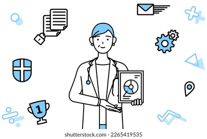 Image of DX, Female doctor in white coats with stethoscopes, senior, middle-aged veterans using digital technology to improve her business