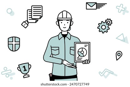 Image of DX, Female engineer in helmet and work wear using digital technology to improve her business, Vector Illustration