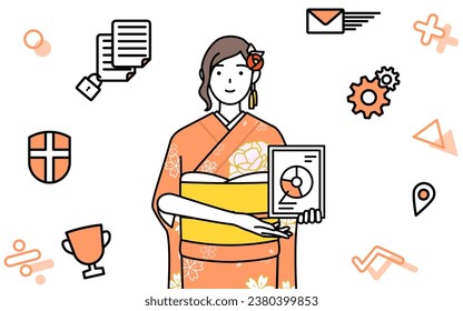 Image of DX, Hatsumode at New Year's and coming-of-age ceremonies, graduation ceremonies, weddings, etc, Woman in furisode using digital technology to improve her business, Vector Illustration