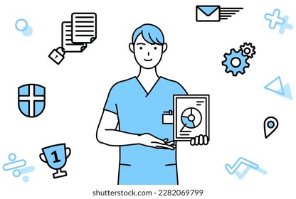 Image of DX, Male nurse, physical therapist, occupational therapist, speech therapist, nursing assistant in Uniform using digital technology to improve his business, Vector Illustration