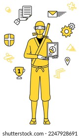 Image of DX, A man dressed up as a ninja using digital technology to improve his business
