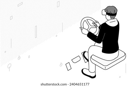 Imagen de DX, hombre manejando un coche y jugando un partido de carreras en VR, Ilustración vectorial