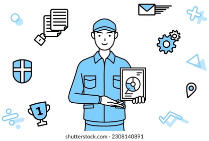 Image of DX, Man in hat and work clothes using digital technology to improve his business, Vector Illustration