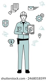 Image of DX, Man in helmet and workwear using digital technology to improve his business, Vector Illustration