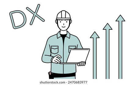 Image of DX, Man in helmet and workwear who has successfully improved his business, Vector Illustration