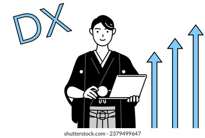 Image of DX, Man wearing Hakama with crest who has successfully improved his business, Vector Illustration
