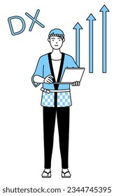 Image of DX, Man wearing Happi coat for summer festivals who has successfully improved his business, Vector Illustration