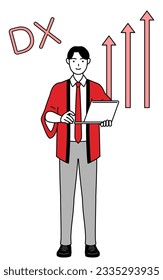 Image of DX, Man wearing a red happi coat who has successfully improved his business, Vector Illustration