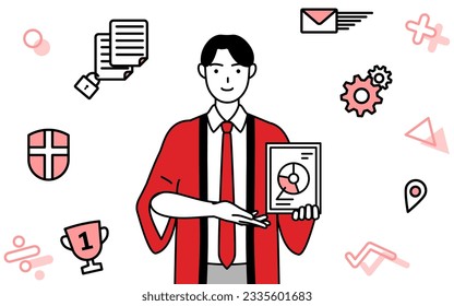 Image of DX, Man wearing a red happi coat using digital technology to improve his business, Vector Illustration