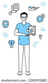 Imagen de DX, Enfermera de Enfermería, fisioterapeuta, terapeuta ocupacional, logopeda, asistente de enfermería en Uniforme usando tecnología digital para mejorar su negocio, Vector Illustr