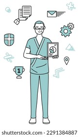 Image of DX, Middle-aged and senior male admitted patient in hospital gown using digital technology to improve his business, Vector Illustration