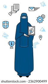 Image of DX, Muslim woman in burqa using digital technology to improve her business, Vector Illustration