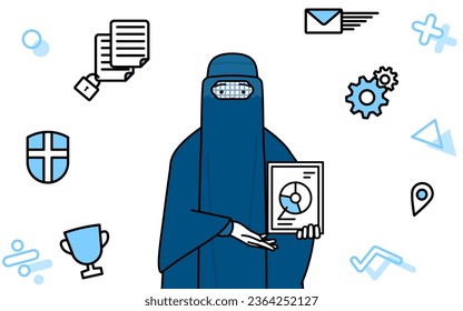 Image of DX, Muslim woman in burqa using digital technology to improve her business, Vector Illustration