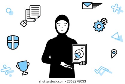 Image of DX, Muslim Woman using digital technology to improve her business, Vector Illustration