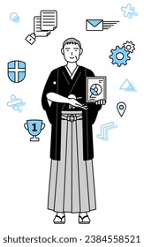 Image of DX, New Year's Day and weddings, Senior man wearing Hakama with crest using digital technology to improve his business, Vector Illustration