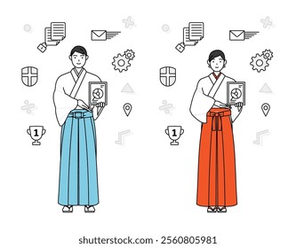 Image of DX, Priest and shrine maiden of the shrine, using digital technology to improve his business, Vector Illustration