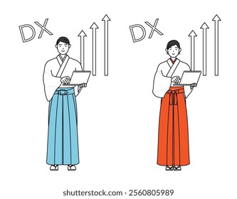 Image of DX, Priest and shrine maiden of the shrine, who has successfully improved his business, Vector Illustration