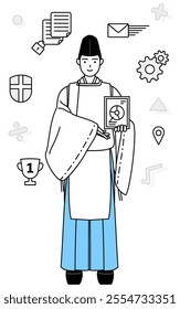 Image of DX, Priest of the shrine, wearing a Eboshi and Kariginu, using digital technology to improve his business, Vector Illustration