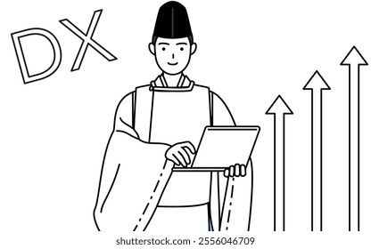 Image of DX, Priest of the shrine, wearing a Eboshi and Kariginu, who has successfully improved his business, Vector Illustration