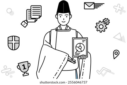 Image of DX, Priest of the shrine, wearing a Eboshi and Kariginu, using digital technology to improve his business, Vector Illustration