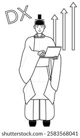 Image of DX, Priest of the shrine, wearing a crown and a white silk robes worn at festivals, who has successfully improved his business, Vector Illustration