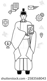 Image of DX, Priest of the shrine, wearing a crown and a white silk robes worn at festivals, using digital technology to improve his business, Vector Illustration